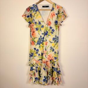Lauren Ralph Lauren Floral Dress Ruffle Midi Cap Sleeve Pink Blue